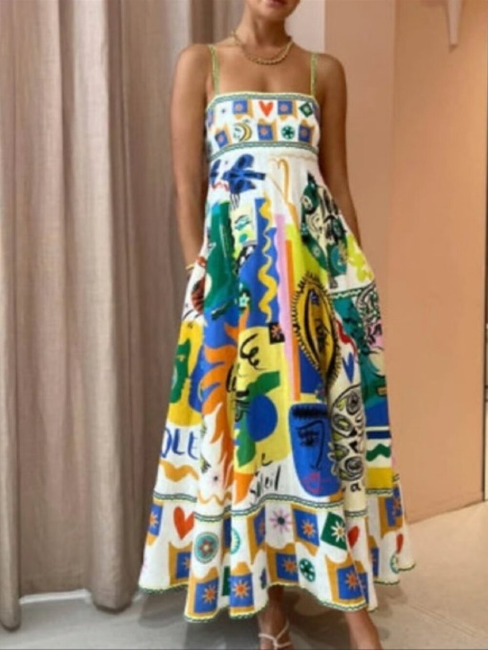 Soleil Full Skirt LINEN Sundress, Mixed Media Luxury Print